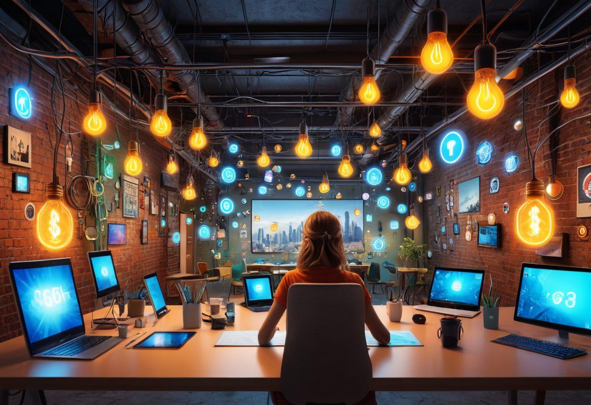 A vibrant, digital landscape featuring a person using multiple tech gadgets like a tablet, smartphone, and laptop, surrounded by playful icons representing tips and hacks, such as light bulbs, gears, and checkmarks. The background showcases a mix of urban and online elements, symbolizing the fusion of real and digital life. super-realistic. vibrant colors. 3D.