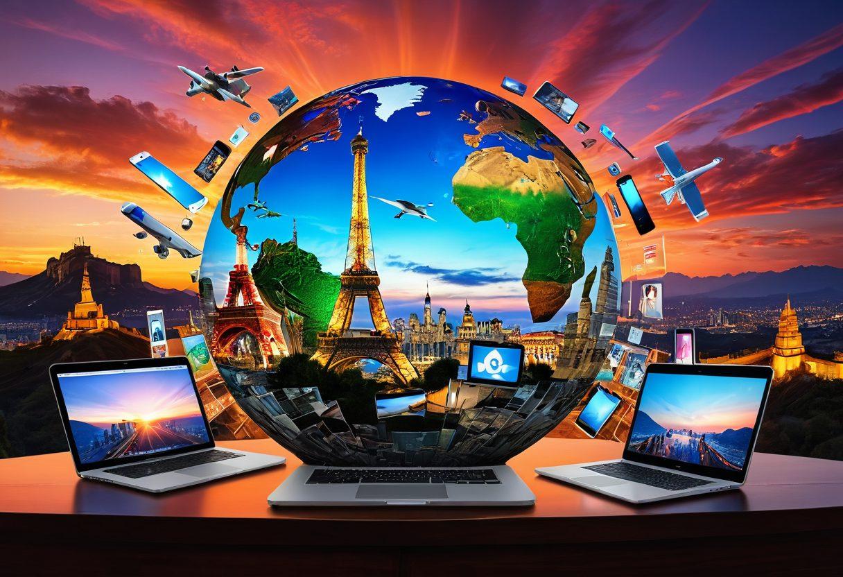 A visually stunning collage showcasing a globe with connected digital devices like smartphones, laptops, and cameras amidst famous landmarks such as the Eiffel Tower and Great Wall of China. Emphasize interaction between travel and technology with light trails representing data flow. The sky should be a vibrant sunset, symbolizing adventure and exploration. super-realistic. vibrant colors. 3D.