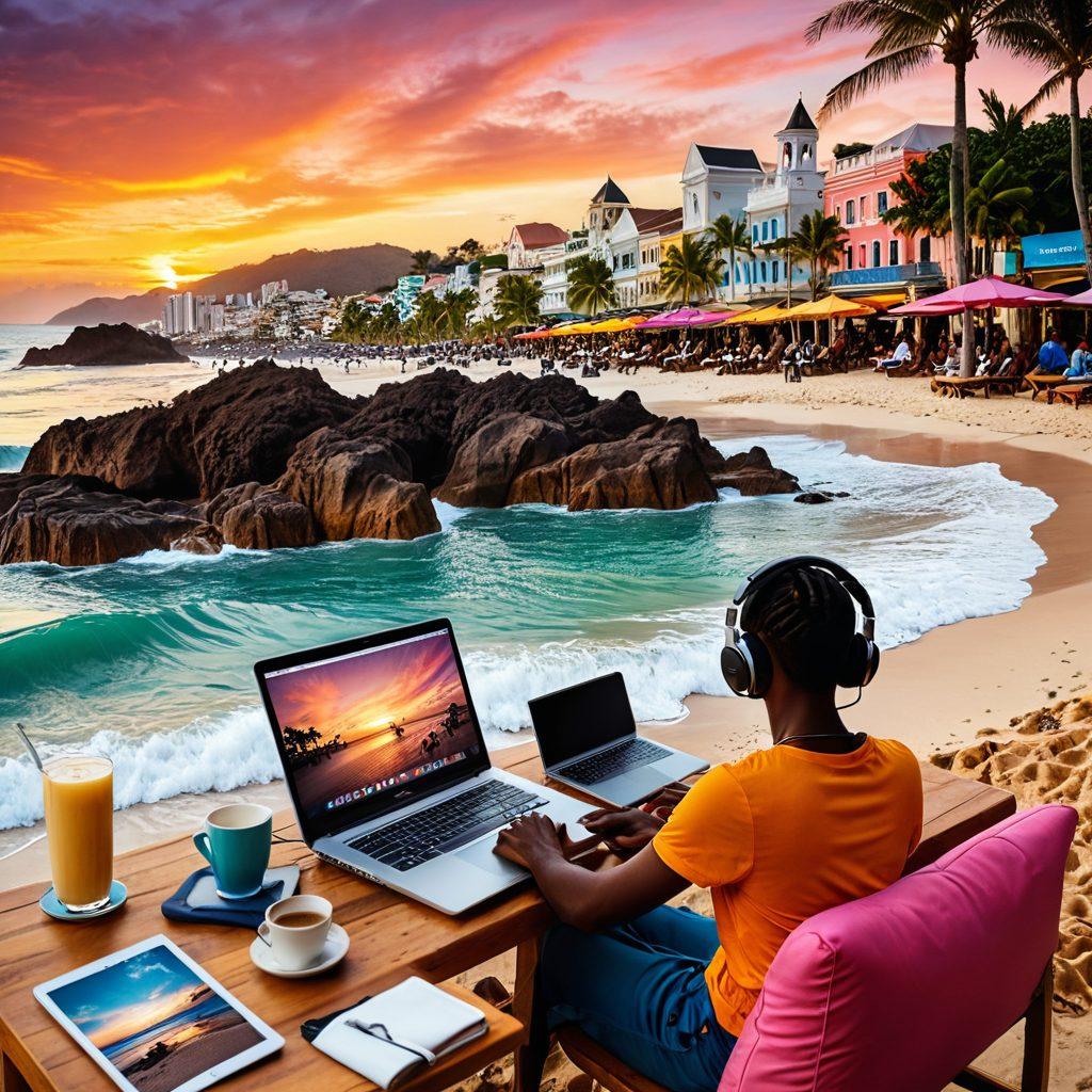 A vibrant collage showcasing a digital nomad's lifestyle: a laptop on a tropical beach, a traveler exploring a bustling city with a smartphone, technology gear scattered around a cozy café, and life hacks illustrated as icons around them. The background features a sunset blending with city skyline silhouettes. super-realistic. vibrant colors. detailed elements.